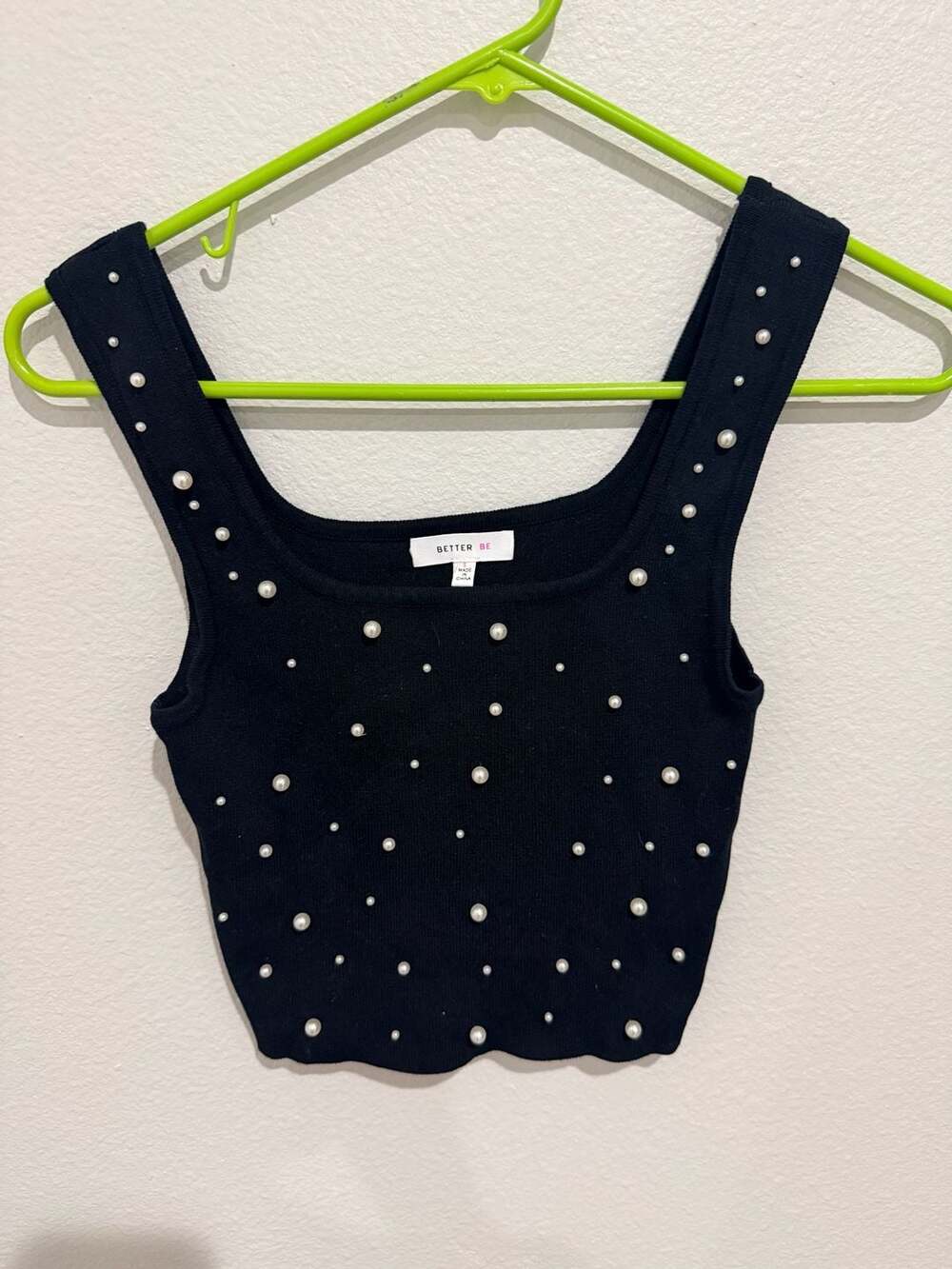 Better Be Black Pearl Detail Square Neck Crop Tank Top